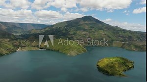 Top view of lake Toba is a huge volcanic lake that was formed as a result of the eruption by Mount Toba. Sumatra, Indonesia.