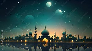 Night Scene With Mosque and Moon, Tranquil Islamic Architecture Illuminated by Lunar Glow, Ramadan Kareem background featuring a mosque and crescent moon, Vector illustration, AI Generated
