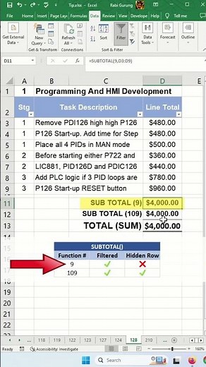 Excel Subtotal 9 vs 109 - Excel Tips and Tricks #shorts #fyp