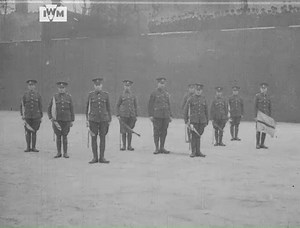 Men of the Cinque Ports Battalion filmed in 1914 at the Tower of London. The men practise their semaphore, undergo inspection and practise bayonet fighting. Film: IWM 1127 | Imperial War Museum London