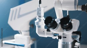 Surgical microscope in the operating room of a modern ophthalmology clinic with high-quality equipment. Vision correction, cataract treatment.