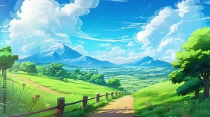 Animated illustration of a valley view with wide grass and beautiful mountains during the day. Animated background illustration.