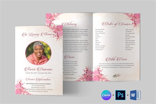 Floral Funeral Program Template: Bifold Memorial (canva, Word, PSD) - Etsy
