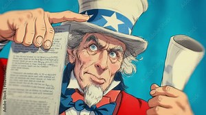 Animated frame featuring Uncle Sam with an intense expression, holding a document. The mood is satirical and thought-provoking, reflecting themes of patriotism and civic duty.