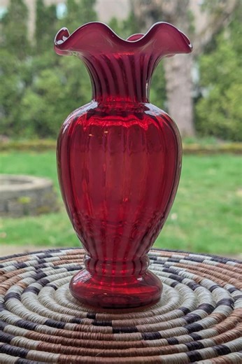 Vintage Fenton Red Cranberry Glass Striped Rib Optic Vase Signed by Mike Fenton - Etsy