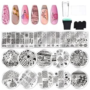 Biutee Nail Stamping Plate Kit 2 Nail Stamper 13 Nail Art Stamp Plate Set 2 Scraper Nail Stamping Kit Template Image Plate Stencils Tool for Manicure Lace Design Holiday