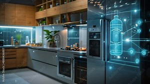 Smart kitchen with connected appliances, including a fridge linked to the internet. It can monitor and control home features like lighting and security.