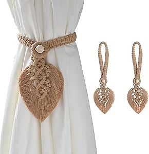 2 Pack Leaf Macrame Curtain Tieback, Tie Back Holder by Hand-Woven Cotton Rope, Decorative Adjustable Curtain Drapery Tiebacks for Window Curtain Home Bedroom Office Balcony (Brown)