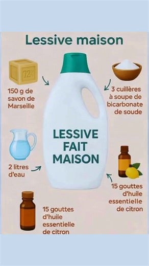 🧺 Fabrique ta lessive maison, simple & écologique 🌸 Marre des produits chimiques et des bouteilles en plastique ? Voici une recette naturelle, économique et zéro déchet 👇 ✨ Ingrédients : 🧼 150 g de savon de Marseille 🥄 3 c. à soupe de bicarbonate de soude 💧 2 litres d’eau 🍋 15 gouttes d’huile essentielle de citron 🧴 Préparation : 1️⃣ Fais fondre le savon dans l’eau chaude. 2️⃣ Ajoute le bicarbonate et laisse refroidir. 3️⃣ Verse dans une bouteille et ajoute l’huile essentielle. 4️⃣ Secou