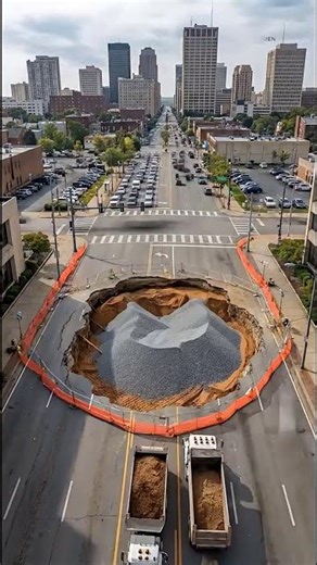 A repair job has been successfully completed on a remarkably busy street—or in a bustling city.