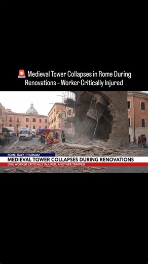 🚨 Medieval Tower Collapses in Rome During Renovations – Worker Critically Injured A historic medieval tower in the heart of Rome, Italy, partially collapsed during ongoing renovation work, leaving one worker critically injured and another trapped under rubble. Rescue teams are working urgently to reach the trapped individual while authorities investigate the cause of the collapse. #BreakingNews #Rome #Italy #MedievalTower #BuildingCollapse #HistoricPreservation #ConstructionSafety #RescueOperat