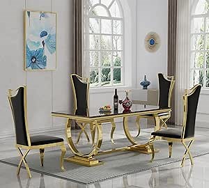 5 Piece Marble Dining Table Set, Luxury Gold Dining Table Set for 4, 70" Black Marble Dining Room Table and 4 Leather Upholstered Chairs, Modern Marble Kitchen Table and Chairs Set