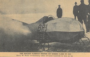 1931: SU student builds and rides (briefly) a rocket sled on Oneida Lake