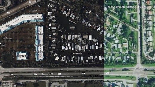 Before and after pictures provided by NOAA give an overhead view of the devastation brought to southwest Florida by Hurricane Ian's powerful Category 4 strength winds, rain, and storm surge. Open for more interactive pictures. https://bit.ly/3y4WyLk | WFLA News Channel 8