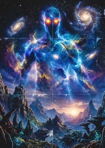 'Cosmic Being Over Alien Landscape' Poster, picture, metal print, paint by James Garcia | Displate