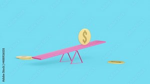 Coin with symbol of dollar swinging on pink swing. Camera track golden coin. Looped animation