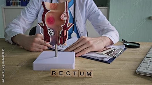 Doctor explains rectal anatomy and health issues related to the rectum in a clinical setting with model and documents
