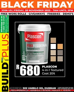 ADVERTISEMENT - Build Plus Black Friday! Join us on 28 Nov for massive deals, free wors rolls, giveaways, demos, and loads of in-store specials. The best deals go fast! Buildpluskzn | Berea Mail | Facebook