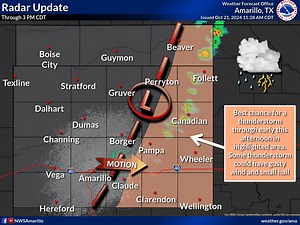 Current radar summary shows surface feature moving east and out ahead of said feature, we could see some thunderstorms, some could be strong with wind gusts up to 50 mph and small hail. | US National Weather Service Amarillo Texas