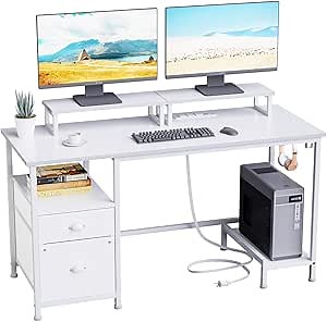 Amazon.com: Furologee 47" Computer Desk with File Cabinet and Power Outlets, Home Office Desk with 2 Monitor Stands and Storage Drawer, Writing Gaming Table with Shelves and 2 Hooks for Bedroom, White : Home & Kitchen