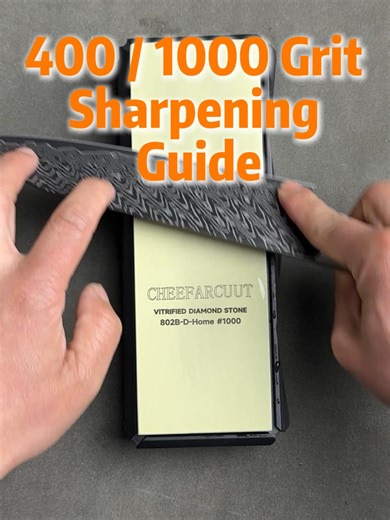 This video shows the basic use of a 400 / 1000 grit sharpening stone in a real sharpening process. Before sharpening, the stone is soaked in water to prepare the surface. The edge is then sharpened at a controlled angle using a trailing stroke, starting with 400 grit for edge formation, and finishing on 1000 grit to refine sharpness. After sharpening, the burr is removed to complete the edge. The result is a clean, usable edge suitable for everyday kitchen tasks. This video is intended as a visu