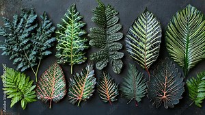 A collection of green and variegated leaves lay on a dark surface, showing the unique textures and patterns of nature