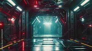 Sci-fi hangar door with flickering led lights and corridor in a spaceship futuristic design animation