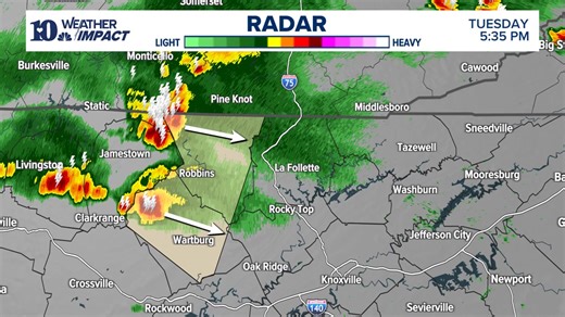 RADAR UPDATE (TUE 5:30 PM) | A cluster of strong thunderstorms with gusty winds, lightning, and heavy downpours is moving ESE @ 20 mph out of Fentress (TN) and McCreary (KY) Counties into Scott and Morgan County in East TN. 40mph gusts & pea-size hail are possible. | WBIR Weather