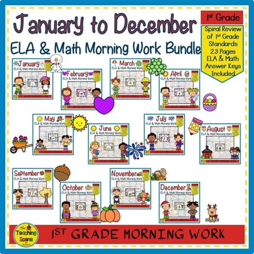 First Grade January through December ELA and Math Morning Work Bundle