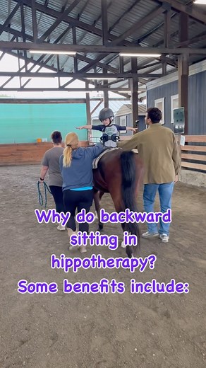 Backwards sitting in hippotherapy has many amazing benefits! 💪🐴 * Increased hip stretch: Sitting backwards on a horse widens your hip adductors (the muscles on the inside of your thighs) due to the horse’s wider back. This in combination with the horses rythmic movement is great for stretching in those with spasticity in the legs. * Upright posture: This position naturally encourages an increased anterior pelvic tilt, increasing the lumbar curve in your low back resulting in a more upright spi