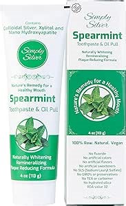 Simply Silver Toothpaste Spearmint - Nano Hydroxyapatite & Colloidal Silver Natural Toothpaste & Oil Pull, Fluoride Free, Remineralizing & Plaque Reducing New Formula, 4 oz