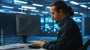 System administrator working in high tech server room capable of storing vast amounts of data, using computer. IT engineer typing on PC keyboard, upgrading servers controlling network resources