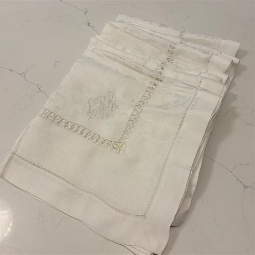 8 Vintage Damask Embroidered Monogram Linen Napkins- Banquet Size - Etsy