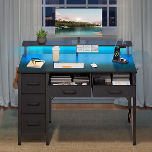 Greenstell 39" Gaming Computer Desk with LED Lights & Outlets,Home Office Table with Storage Drawer, Black