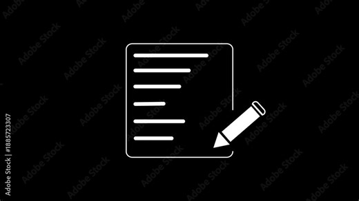 White outline of a document with lines and a pencil on a black background paper writing