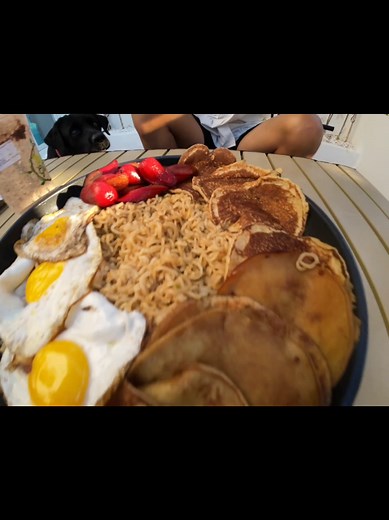 Pancit canton with pancakes