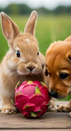 The rabbit eats dragon fruit and dog is curious about the taste #pets #dragonfruit #cute
