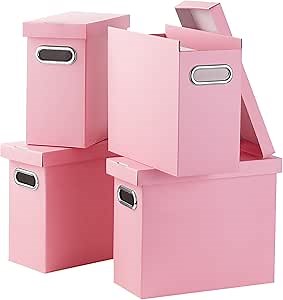 Oterri 4 Pcs File Organizer, Cardboard Storage File Boxes with Lids,Portable File Box with Handle,Hanging File Folder Organizer for Letter Size,File Organizer Box for Home/School, Pink (No Folders)