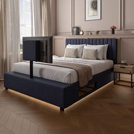 XR Living Maisie Fabric Ottoman TV Bed with LED Lighting - Double - Navy Blue