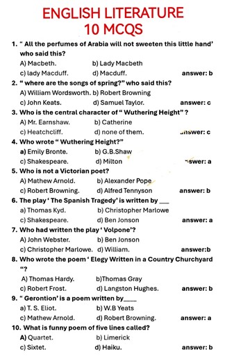 English Literature 10 MCQS with Answers #fblifestyle | Franklin - Online LET, CSE, IELTS & Celpip Private Tutorial