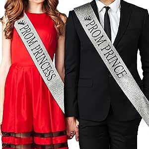 Lyrow 2pcs Graduation Prom Prince and Princess Sashes Party Favor School Accessories Sashes with Print for Bachelorette Wedding Bridal Shower Supplies(Silver)