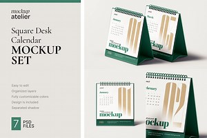 Square Desk Calendar Mockup Set, a Print Template by mockupatelier