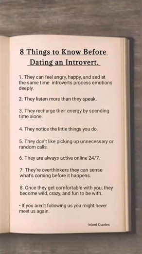 10K views · 16 reactions | 8 Things to know before dating an introvert.. - - - - - #shorts #reels #goviral #explore #foryou #iñkedquotes #viral #introvertfacts #fyp #relationshipadvice #psychologyfacts #facts #didyouknowfacts #interestingfacts #mindblowning #funfacts #relatable #introvert #dating #relationship | Inked Quotes | Facebook