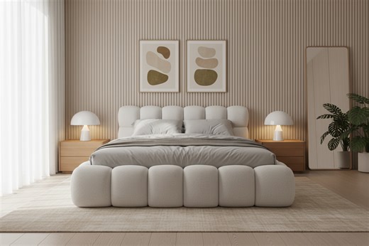 Designer Polsterbett Cande Bouclé mit Stauraum