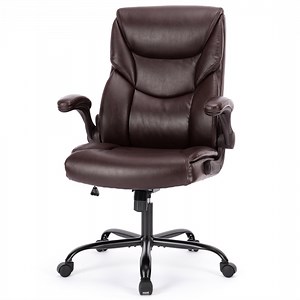 CONCETTA High Back Office Chair,PU Leather Desk Chair with Lumbar Support, Wheels, and Flip-up Armrest, Brown