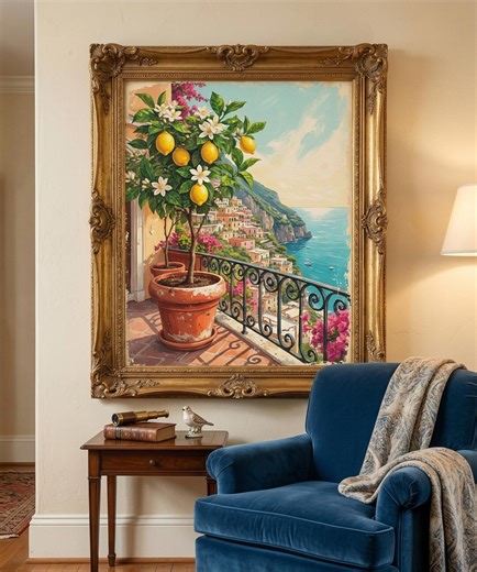 Amalfi Coast Lemon Tree Print, Positano Terrace Painting, Italian Coastal Decor (digital Print) - Etsy