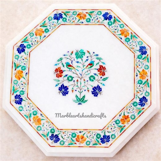White Octagonal Marble Inlay Table | Pietra Dura Floral Art Coffee | Dining Table Decor.