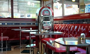 Diner booth with red vinyl seats and a chrome jukebox, Video