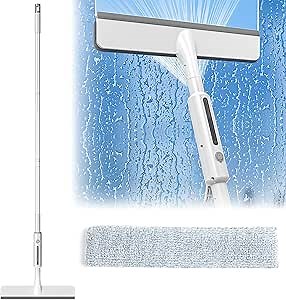 Squeegee for Window Cleaning with Spray and 3 Pads, Upgraded Version Window Cleaner Tool, Dual Side Mist Detachable Assembly Glass Cleaning Mop with Long Handle for Indoor Outdoor High Window (1 Set)