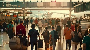 Busy Crowd Walking Through Airport Terminal, A crowded airport terminal filled with travelers hauling luggage and looking for their gates